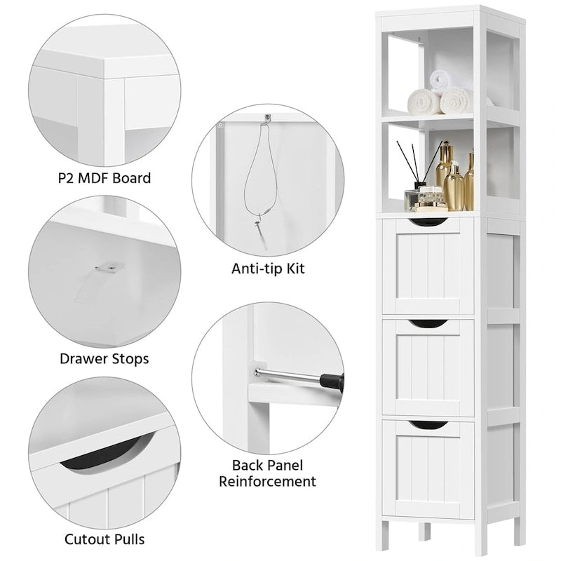 Meuble de rangement de salle de bain moderne Yaheetech avec 3 tiroirs et 2 étagères ouvertes, blanc - Non disponible