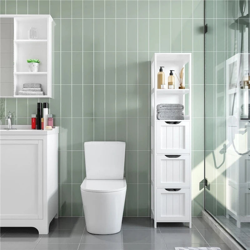 Meuble de rangement de salle de bain moderne Yaheetech avec 3 tiroirs et 2 étagères ouvertes, blanc - Non disponible