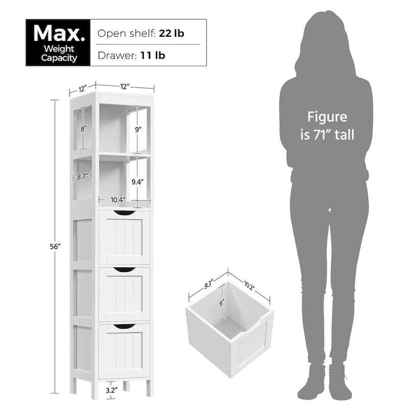 Meuble de rangement de salle de bain moderne Yaheetech avec 3 tiroirs et 2 étagères ouvertes, blanc - Non disponible