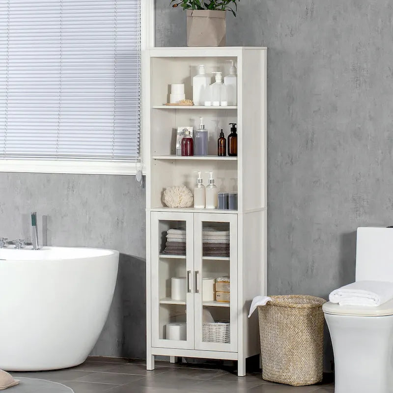 Armoire de salle de bain haute, colonne de rangement pour linge avec étagères réglables, étagère à 3 niveaux et 2 portes vitrées