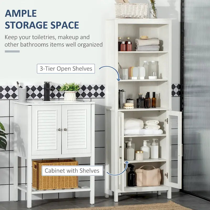 Armoire de salle de bain haute, colonne de rangement pour linge avec étagères réglables, étagère à 3 niveaux et 2 portes vitrées