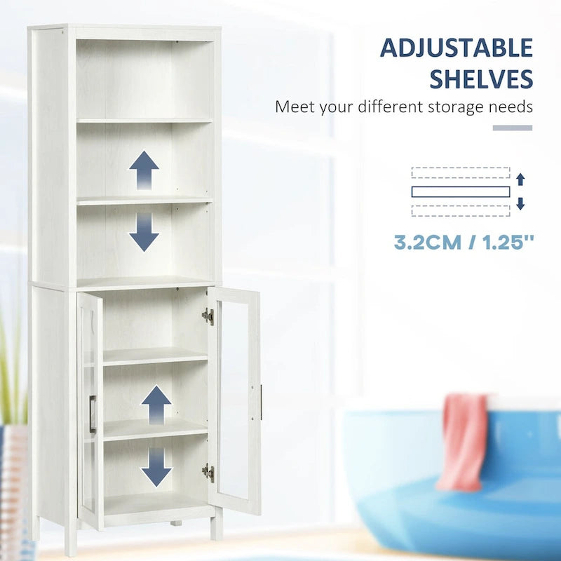 Armoire de salle de bain haute, colonne de rangement pour linge avec étagères réglables, étagère à 3 niveaux et 2 portes vitrées