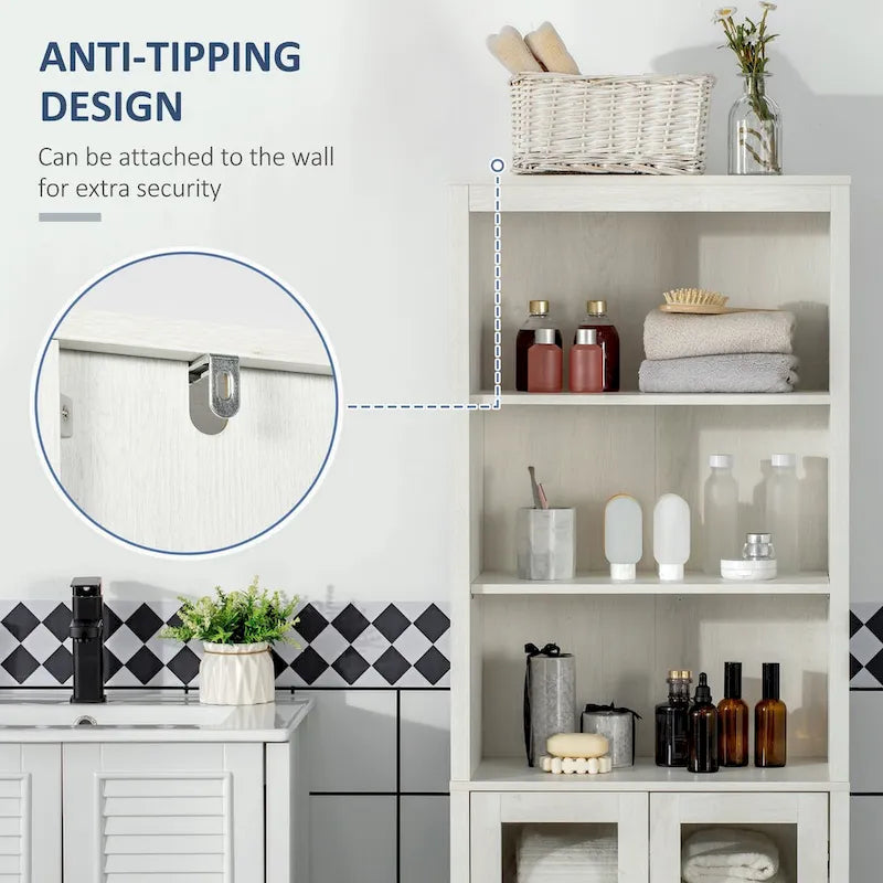Armoire de salle de bain haute, colonne de rangement pour linge avec étagères réglables, étagère à 3 niveaux et 2 portes vitrées
