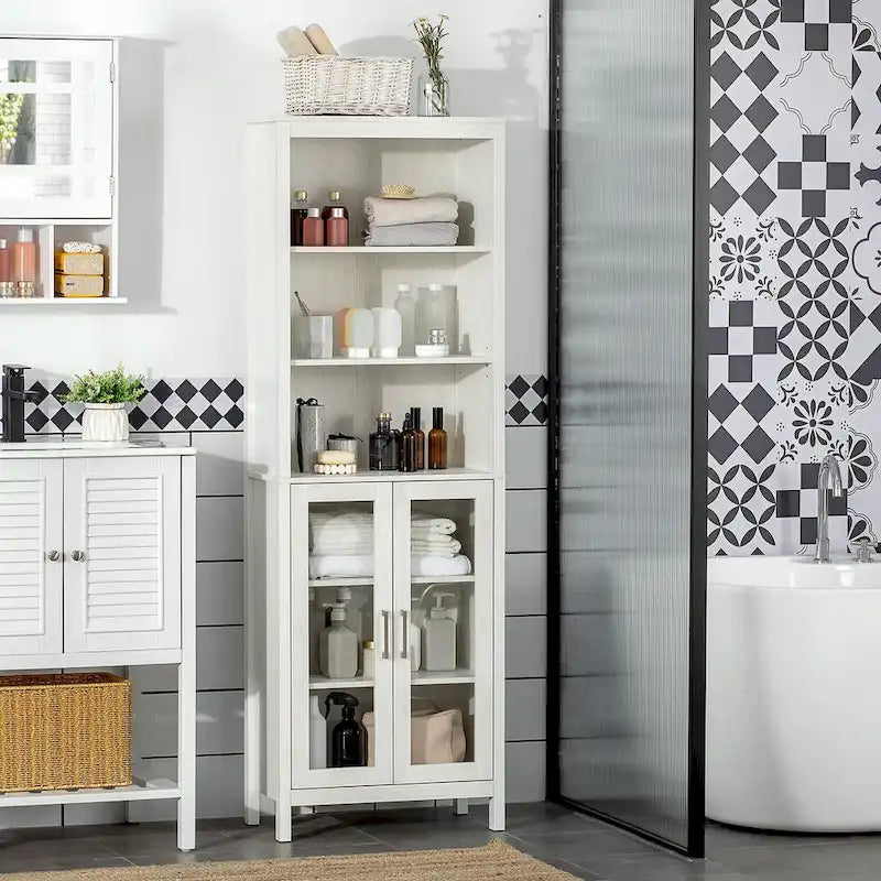 Armoire de salle de bain haute, colonne de rangement pour linge avec étagères réglables, étagère à 3 niveaux et 2 portes vitrées