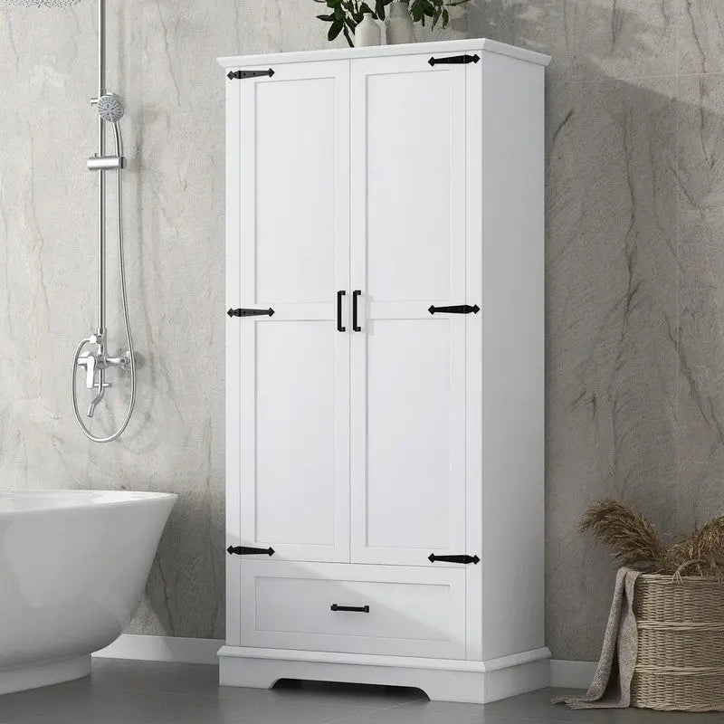 Armoire de rangement haute pour salle de bain avec 2 portes et 1 tiroir, étagère réglable