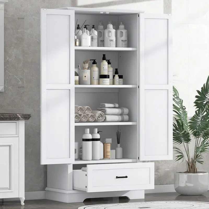 Armoire de rangement haute pour salle de bain avec 2 portes et 1 tiroir, étagère réglable
