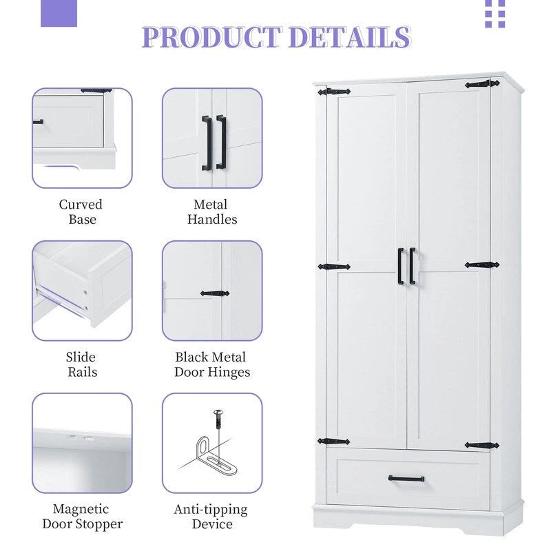 Armoire de rangement haute pour salle de bain avec 2 portes et 1 tiroir, étagère réglable
