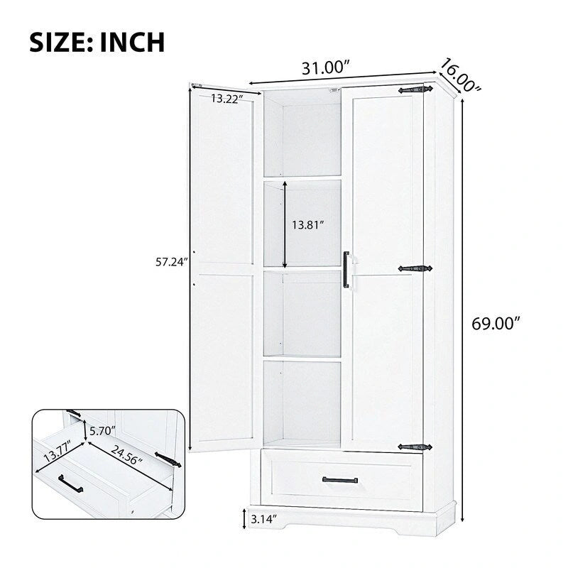 Armoire de rangement haute pour salle de bain avec 2 portes et 1 tiroir, étagère réglable