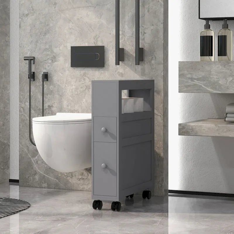 Armoire de rangement latérale étroite à roulettes en bois pour salle de bain