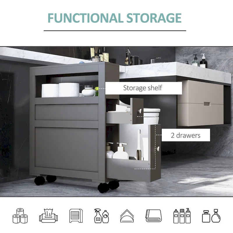 Armoire de rangement latérale étroite à roulettes en bois pour salle de bain