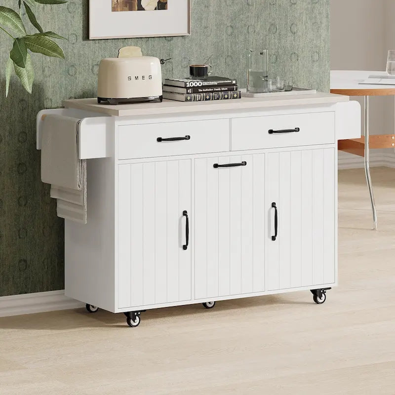 Îlot de cuisine roulant de 130 cm de large avec plateau rabattable et poubelle basculante