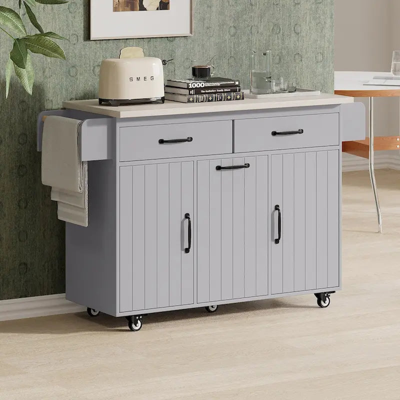 Îlot de cuisine roulant de 130 cm de large avec plateau rabattable et poubelle basculante