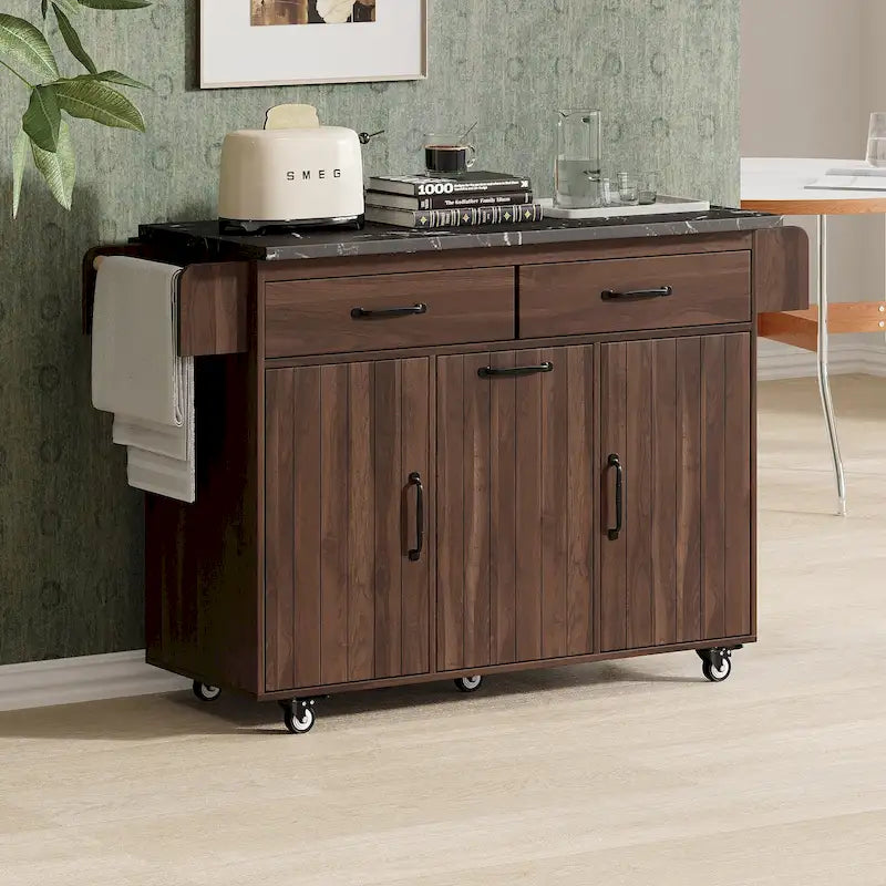 Îlot de cuisine roulant de 130 cm de large avec plateau rabattable et poubelle basculante
