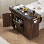 Îlot de cuisine roulant de 130 cm de large avec plateau rabattable et poubelle basculante