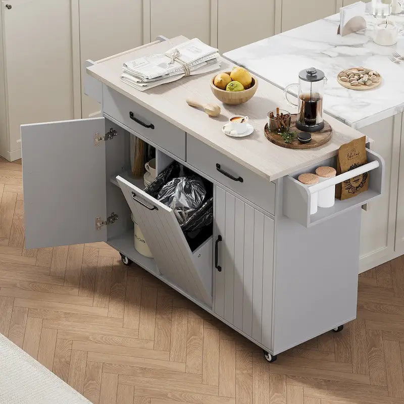 Îlot de cuisine roulant de 130 cm de large avec plateau rabattable et poubelle basculante