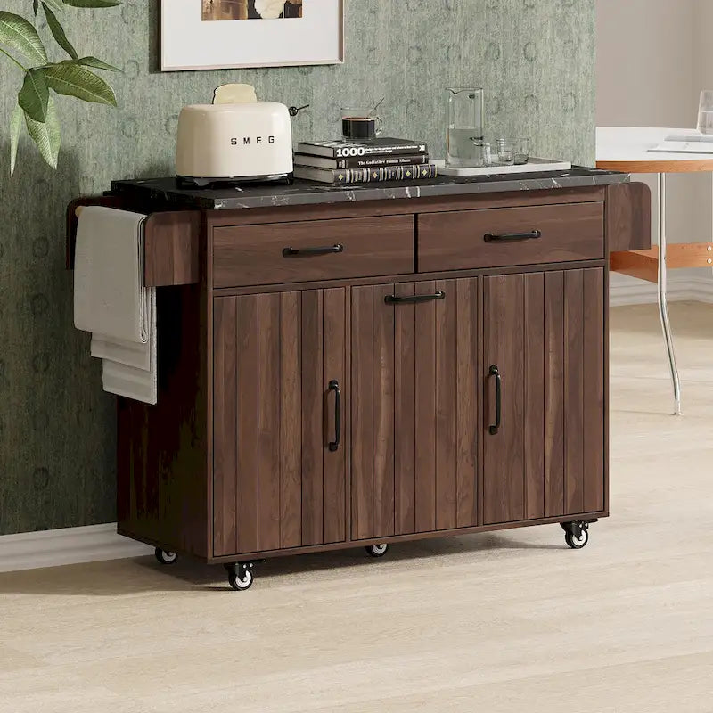 Îlot de cuisine roulant de 130 cm de large avec plateau rabattable et poubelle basculante