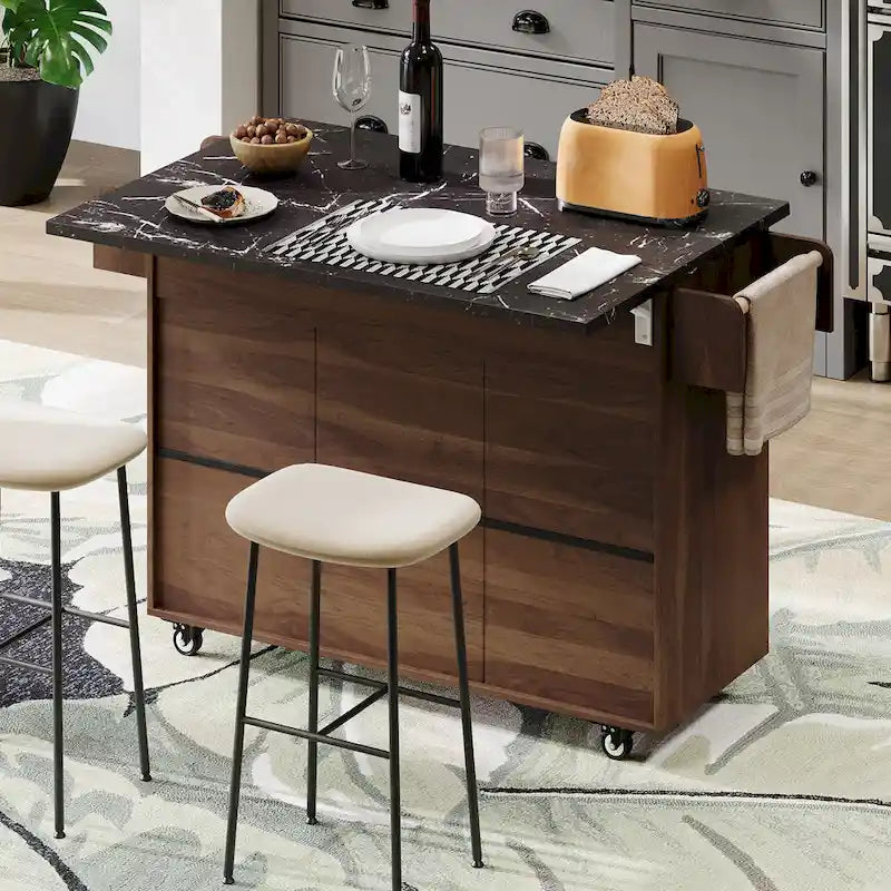 Îlot de cuisine roulant de 130 cm de large avec plateau rabattable et poubelle basculante
