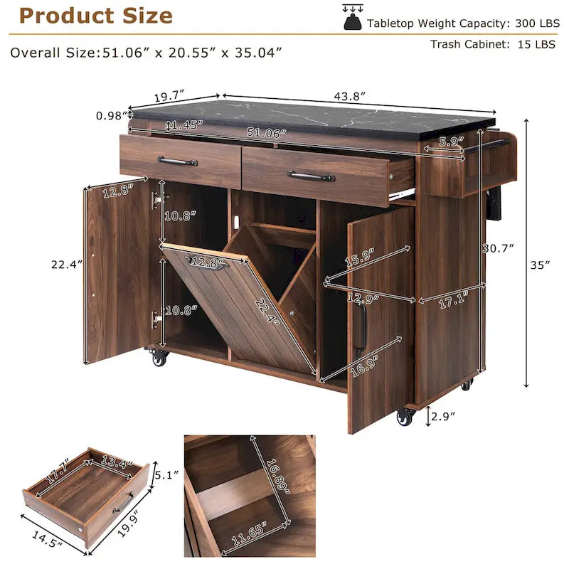 Îlot de cuisine roulant de 130 cm de large avec plateau rabattable et poubelle basculante