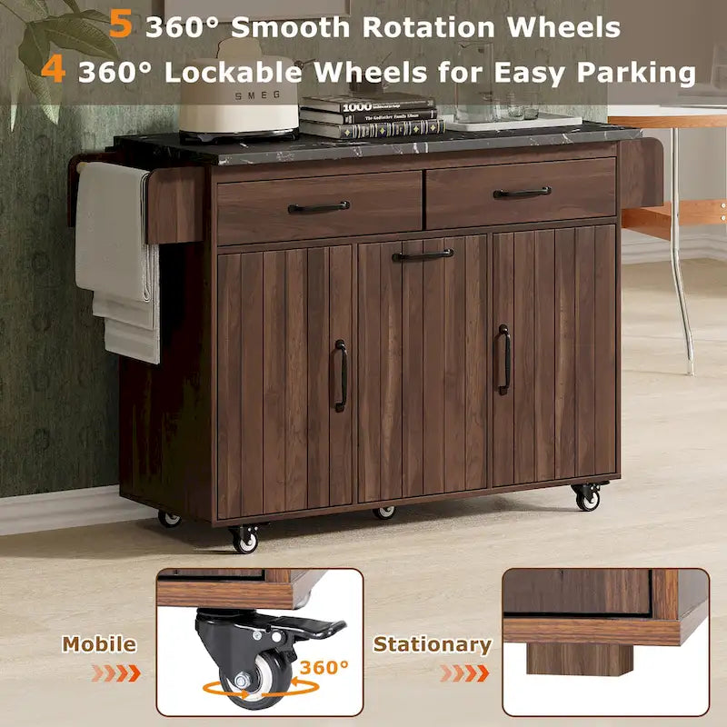Îlot de cuisine roulant de 130 cm de large avec plateau rabattable et poubelle basculante