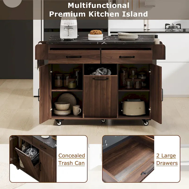 Îlot de cuisine roulant de 130 cm de large avec plateau rabattable et poubelle basculante