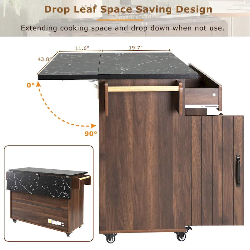 Îlot de cuisine roulant de 130 cm de large avec plateau rabattable et poubelle basculante