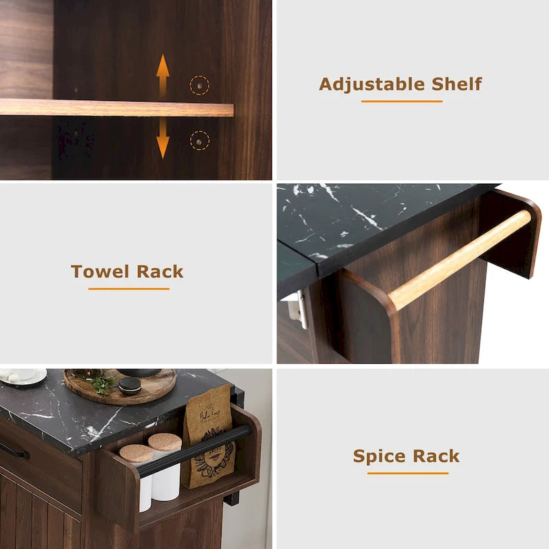 Îlot de cuisine roulant de 130 cm de large avec plateau rabattable et poubelle basculante