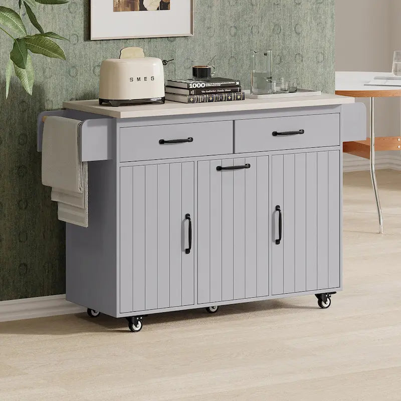 Îlot de cuisine roulant de 130 cm de large avec plateau rabattable et poubelle basculante