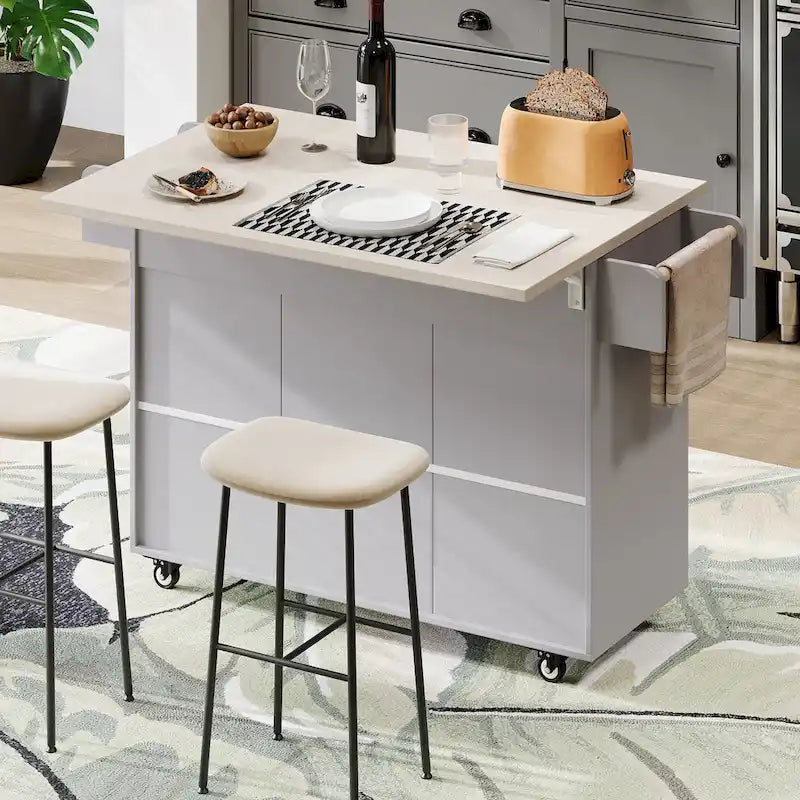Îlot de cuisine roulant de 130 cm de large avec plateau rabattable et poubelle basculante