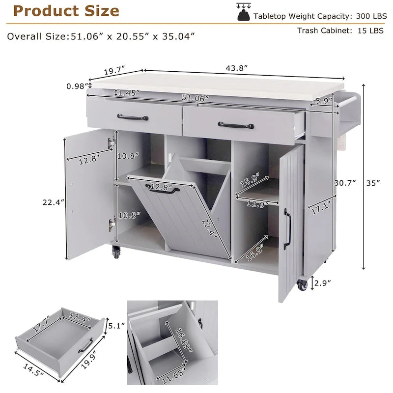 Îlot de cuisine roulant de 130 cm de large avec plateau rabattable et poubelle basculante