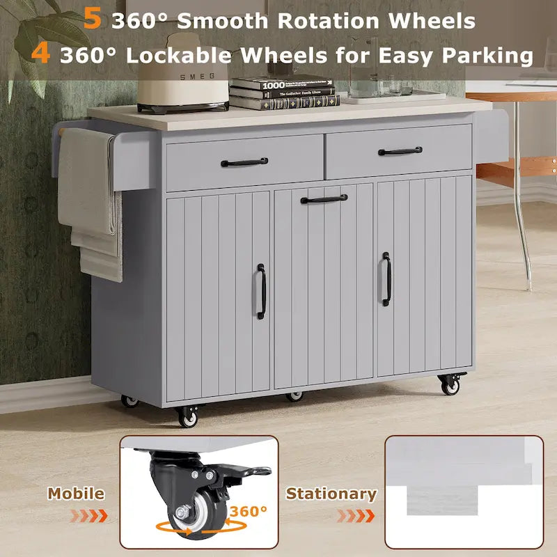 Îlot de cuisine roulant de 130 cm de large avec plateau rabattable et poubelle basculante