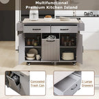 Îlot de cuisine roulant de 130 cm de large avec plateau rabattable et poubelle basculante