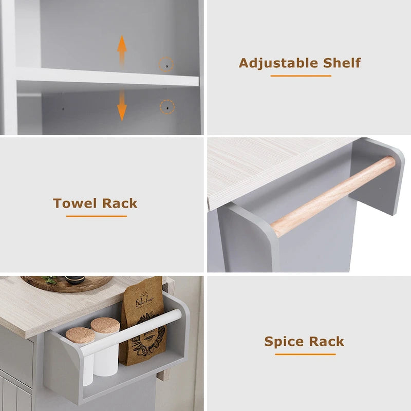 Îlot de cuisine roulant de 130 cm de large avec plateau rabattable et poubelle basculante