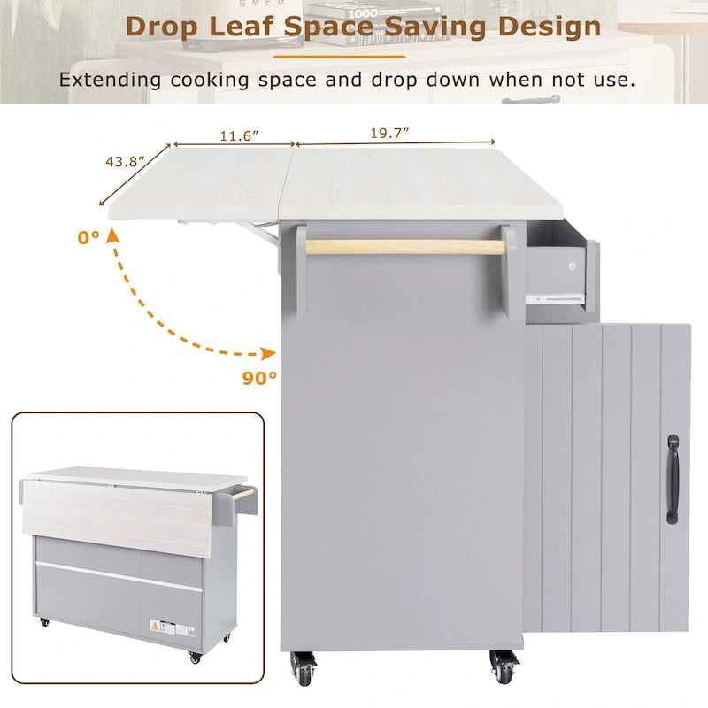 Îlot de cuisine roulant de 130 cm de large avec plateau rabattable et poubelle basculante