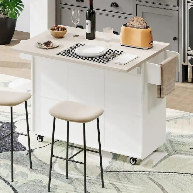Îlot de cuisine roulant de 130 cm de large avec plateau rabattable et poubelle basculante