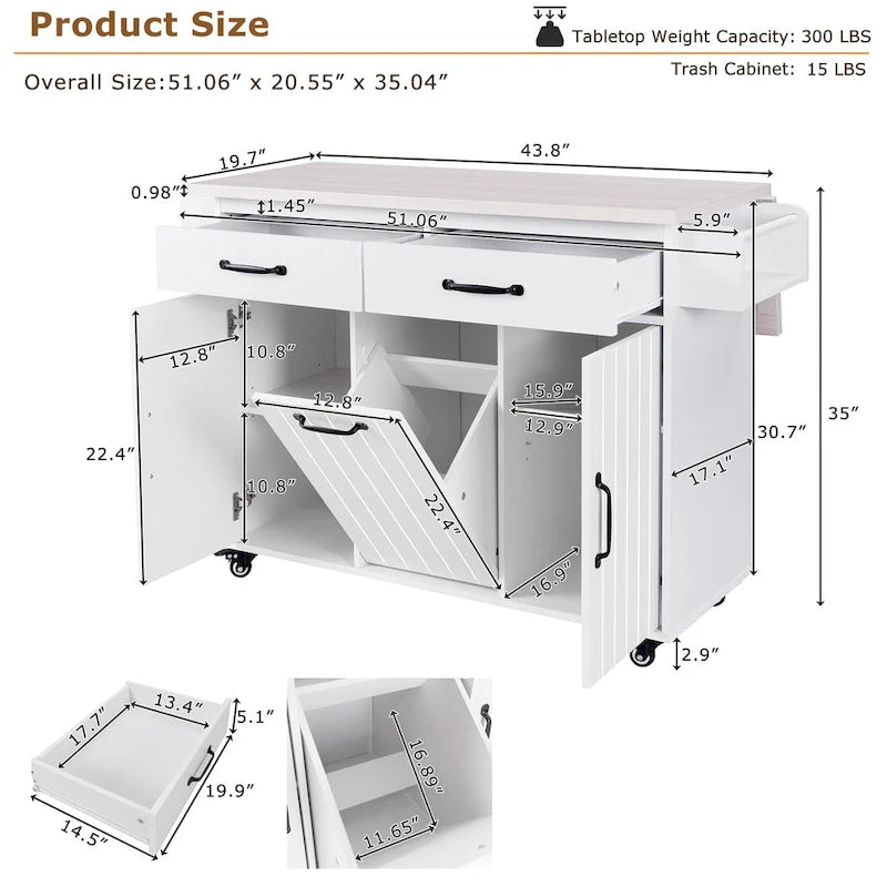 Îlot de cuisine roulant de 130 cm de large avec plateau rabattable et poubelle basculante