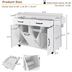 Îlot de cuisine roulant de 130 cm de large avec plateau rabattable et poubelle basculante