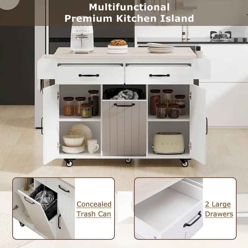 Îlot de cuisine roulant de 130 cm de large avec plateau rabattable et poubelle basculante