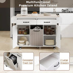 Îlot de cuisine roulant de 130 cm de large avec plateau rabattable et poubelle basculante