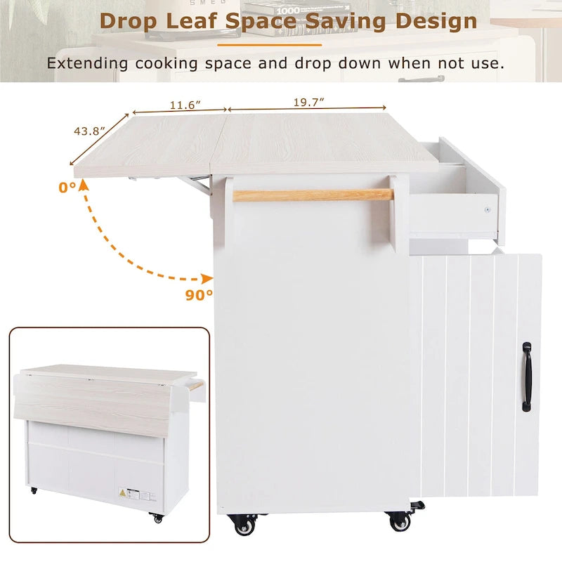 Îlot de cuisine roulant de 130 cm de large avec plateau rabattable et poubelle basculante