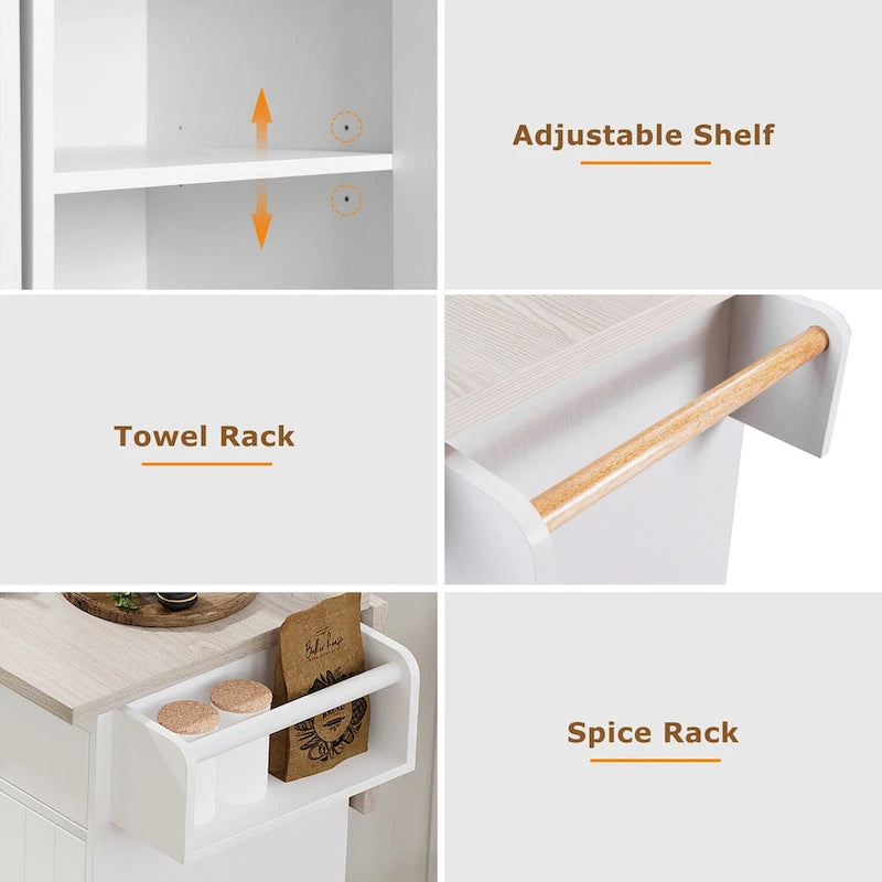 Îlot de cuisine roulant de 130 cm de large avec plateau rabattable et poubelle basculante