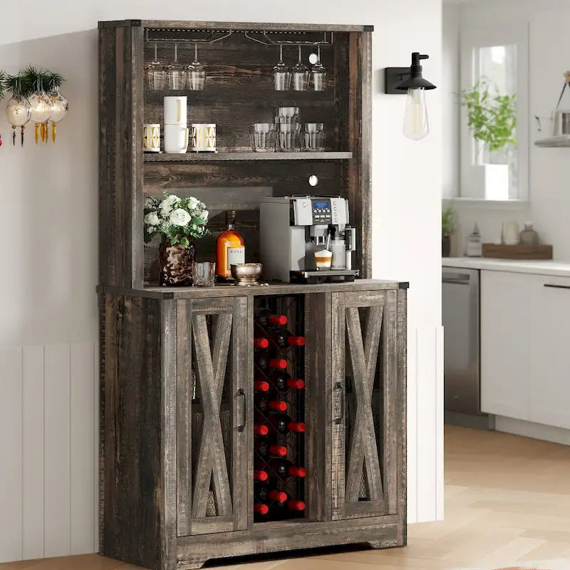 Meuble bar Moasis Farmhouse avec casier à vin et éclairage LED, buffet de rangement pour salle à manger