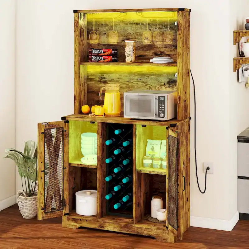Meuble bar Moasis Farmhouse avec casier à vin et éclairage LED, buffet de rangement pour salle à manger