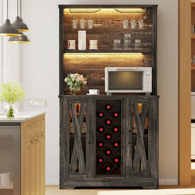 Meuble bar Moasis Farmhouse avec casier à vin et éclairage LED, buffet de rangement pour salle à manger