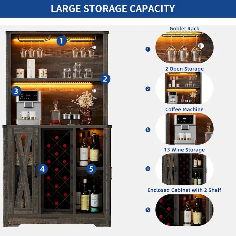 Meuble bar Moasis Farmhouse avec casier à vin et éclairage LED, buffet de rangement pour salle à manger