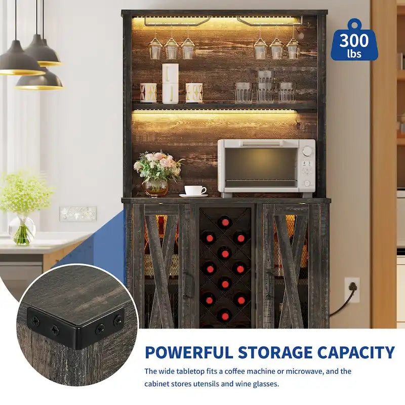 Meuble bar Moasis Farmhouse avec casier à vin et éclairage LED, buffet de rangement pour salle à manger