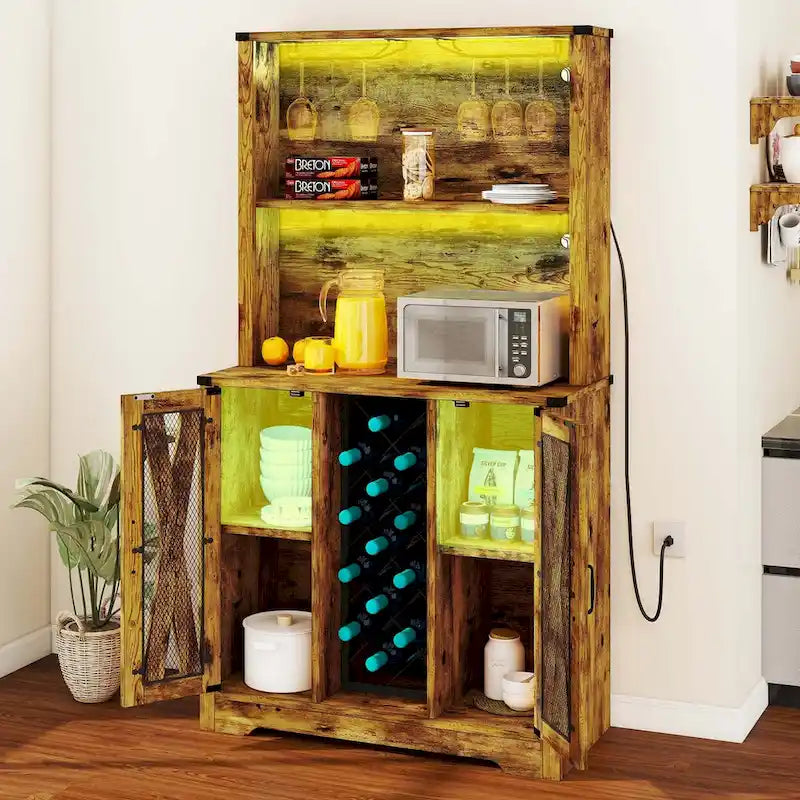 Meuble bar Moasis Farmhouse avec casier à vin et éclairage LED, buffet de rangement pour salle à manger