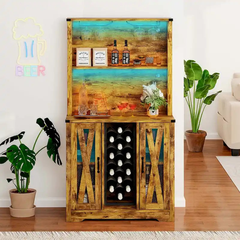 Meuble bar Moasis Farmhouse avec casier à vin et éclairage LED, buffet de rangement pour salle à manger