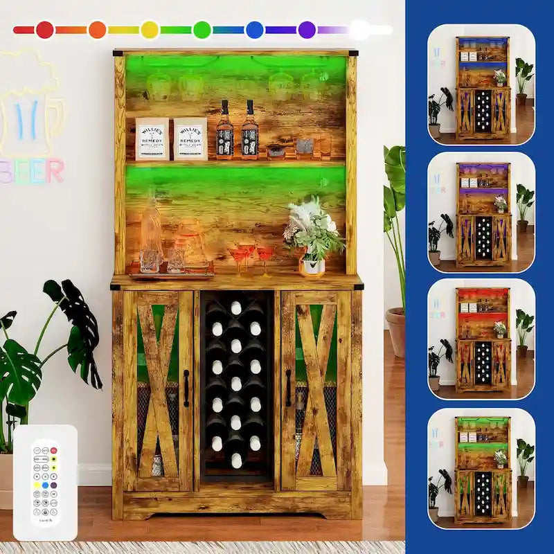 Meuble bar Moasis Farmhouse avec casier à vin et éclairage LED, buffet de rangement pour salle à manger