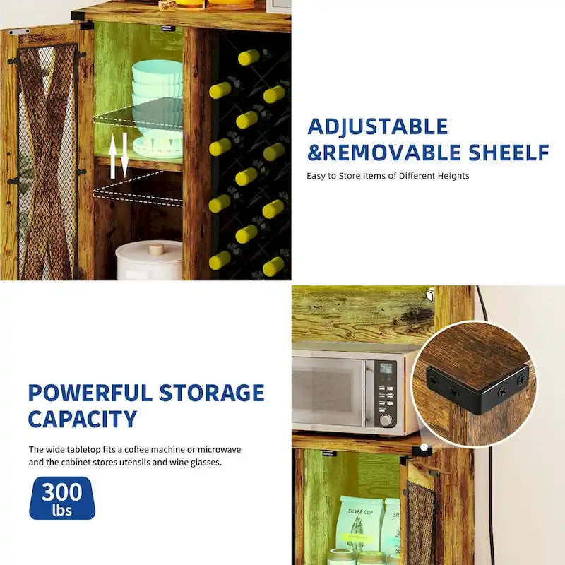 Meuble bar Moasis Farmhouse avec casier à vin et éclairage LED, buffet de rangement pour salle à manger