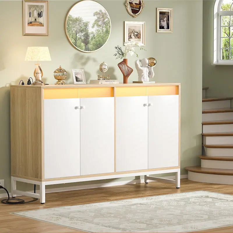 Meuble d'appoint à 4 portes avec prise électrique, buffet/bar avec éclairage LED